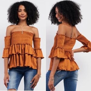 Sugar+Lips Amber Satin Off-The-Shoulder Layered Flare Hem Crumpled Effect Top